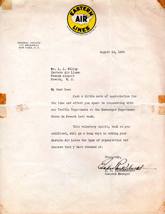 Thank You Note from Rickenbacker to Willey, August, 1935